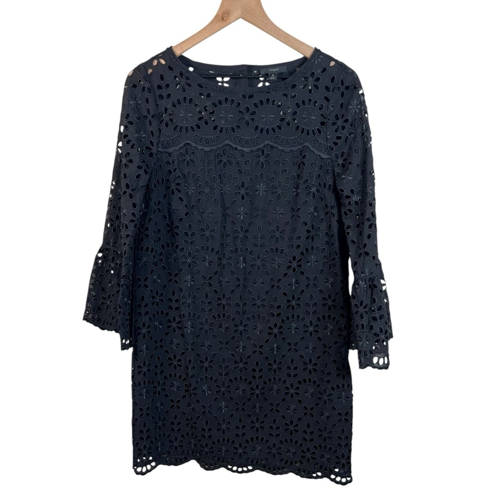 J.Crew Womens 4 Black Bell Sleeve Embroidered Eyelet Scalloped Hem Shift Dress - Picture 2 of 6